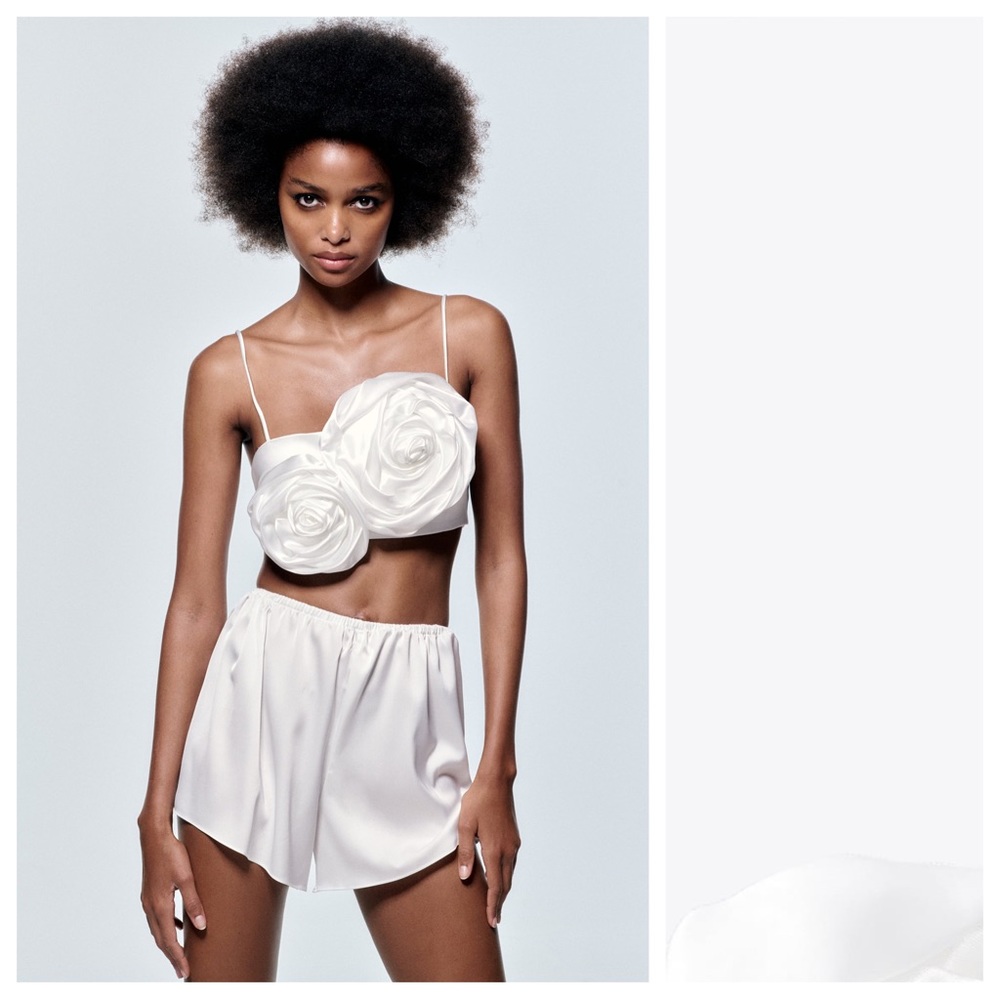 NWT. Zara White Satin Effect Floral Appliqué Crop Top. Size XS.